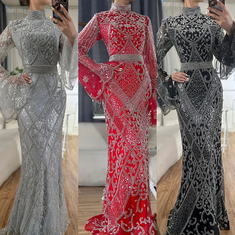 Muslim Red Mermaid Black Evening Dress with Cape Sleeves and Beaded for Formal Occasion 2025 LA72316C