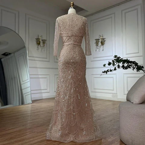 Nude Spaghetti Strap Beaded Mermaid Gown with Detachable Long Sleeve Jacket for Formal Occasion LA72160C