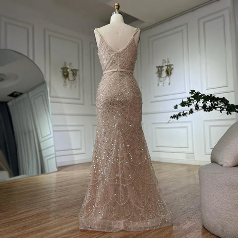 Nude Spaghetti Strap Beaded Mermaid Gown with Detachable Long Sleeve Jacket for Formal Occasion LA72160C