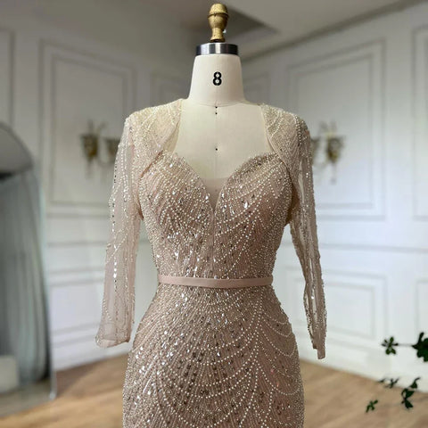 Nude Spaghetti Strap Beaded Mermaid Gown with Detachable Long Sleeve Jacket for Formal Occasion LA72160C