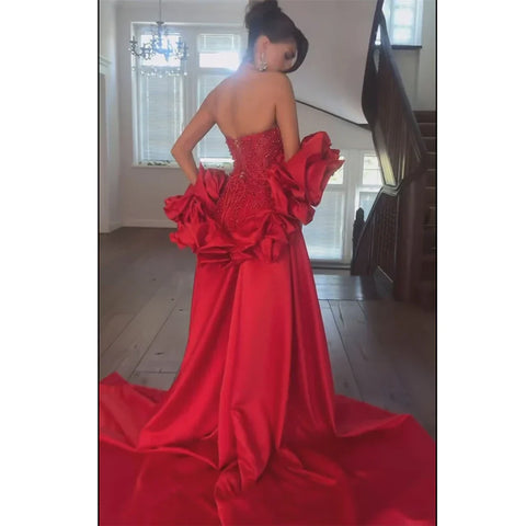 Red Long Cape Pearls Beaded Mermaid Evening Dresses Gowns For Formal Occasion 2025 LA72585A