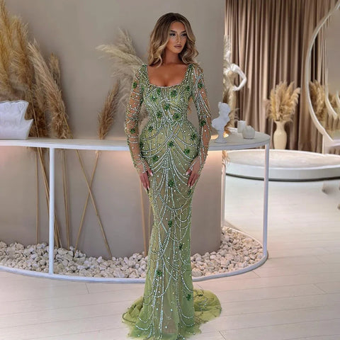 Dark Green Mermaid Dress Crystal Beaded Arabic Evening Gown for Women Perfect for Weddings and Parties 2025 LA72242