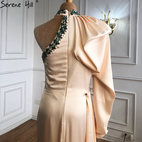 Vestidos de noche de satén suave color champán, estilo sirena, con un solo hombro y abertura alta, para mujer, colección 2025, modelo LA70877 
