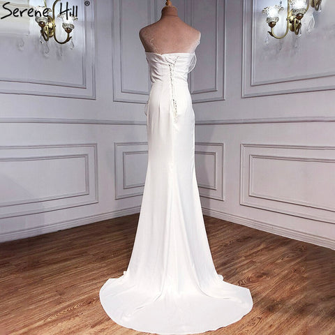 Designer White Satin Beaded Split  Evening Dresses Gowns 2025 Mermaid Elegant =Sexy For Women Party HM67188