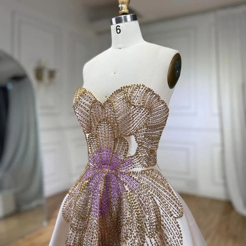 Luxury Beaded Butterfly Beige Evening Dresses for Women Wedding 2025 Elegant Sweetheart Satin Prom Party Gowns LA72195