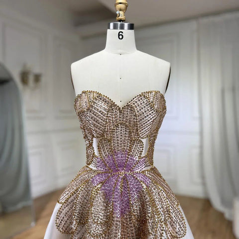 Luxury Beaded Butterfly Beige Evening Dresses for Women Wedding 2025 Elegant Sweetheart Satin Prom Party Gowns LA72195