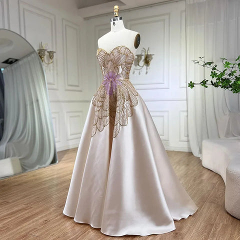 Luxury Beaded Butterfly Beige Evening Dresses for Women Wedding 2025 Elegant Sweetheart Satin Prom Party Gowns LA72195