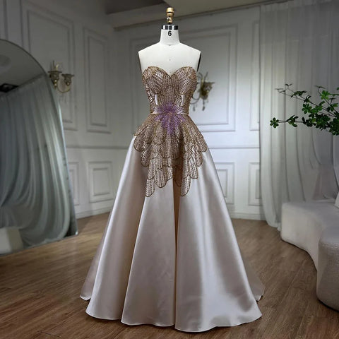 Luxury Beaded Butterfly Beige Evening Dresses for Women Wedding 2025 Elegant Sweetheart Satin Prom Party Gowns LA72195
