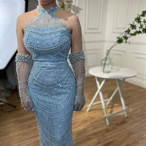 Dubai Arabia Luxury Evening Dresses Gowns 2025 for Women Nude Mermaid With Gloves for Wedding Parties LA72032A