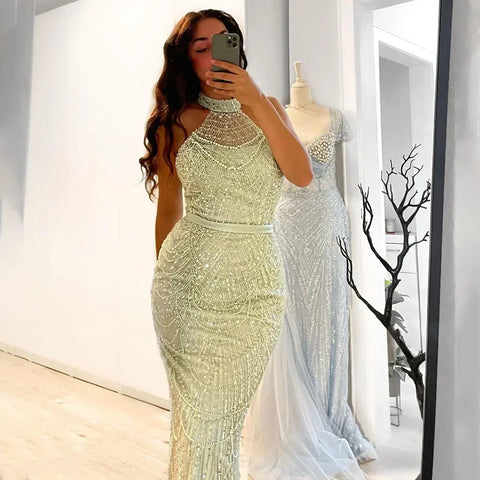 Dubai Arabia Luxury Evening Dresses Gowns 2025 for Women Nude Mermaid With Gloves for Wedding Parties LA72032A