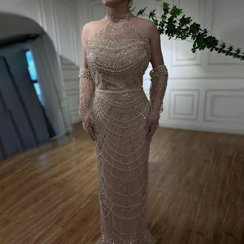 Dubai Arabia Luxury Evening Dresses Gowns 2025 for Women Nude Mermaid With Gloves for Wedding Parties LA72032A