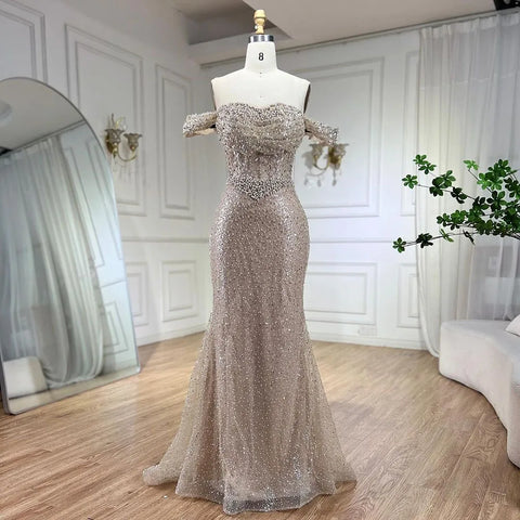 Dubai Arabia Nude Elegant Mermaid Evening Dresses Gowns Luxury Pearls Beaded 2025 For Women Wedding Party LA72270