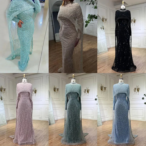 Luxury Designer Pearls Nude Evening Dresses  Gowns with Cape LA72032