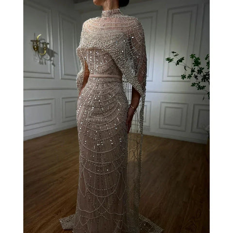 Luxury Designer Pearls Nude Evening Dresses  Gowns with Cape LA72032