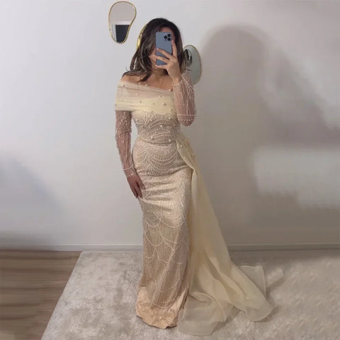 Dubai Arabia Nude Mermaid With Overskirt Luxury Evening Dresses Gowns 2025 For Women Wedding Party LA72254A