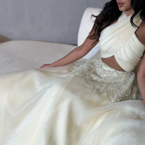 Dubai Arabic Beige A Line Halter Beaded Luxury Evening Dresses Gowns For Women Wedding Party 2025 LA72278