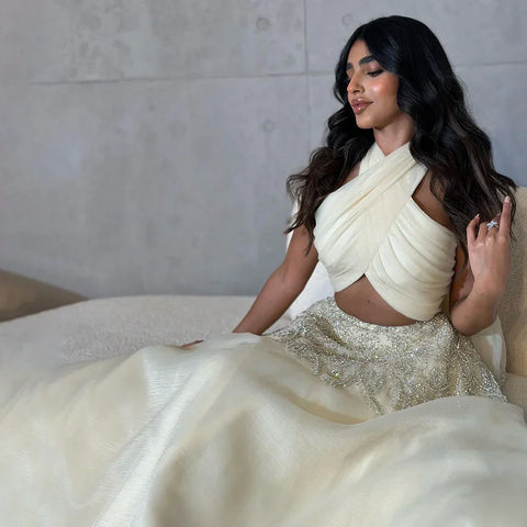 Dubai Arabic Beige A Line Halter Beaded Luxury Evening Dresses Gowns For Women Wedding Party 2025 LA72278