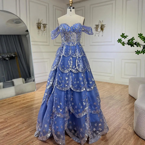 Dubai Arabic Blue A Line Luxury Beaded Bling Evening Dresses Gowns For Women Wedding Party 2025 LA72307