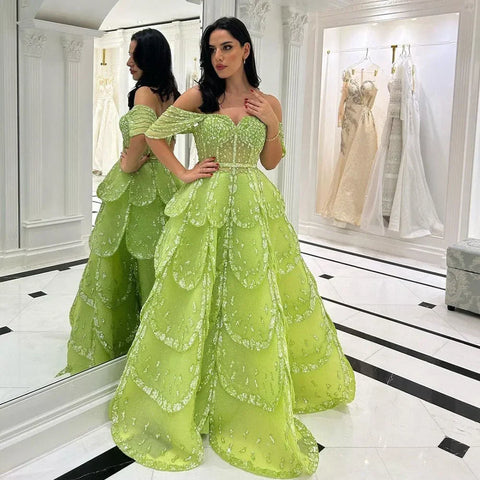 Dubai Arabic Blue A Line Luxury Beaded Bling Evening Dresses Gowns For Women Wedding Party 2025 LA72307