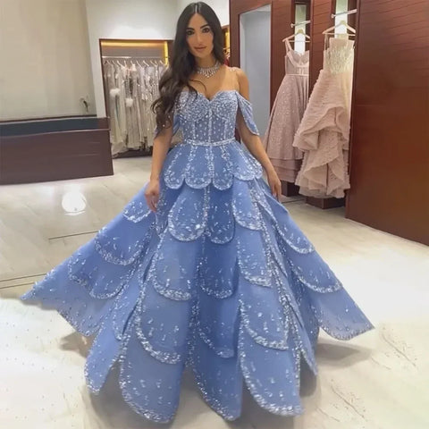 Dubai Arabic Blue A Line Luxury Beaded Bling Evening Dresses Gowns For Women Wedding Party 2025 LA72307