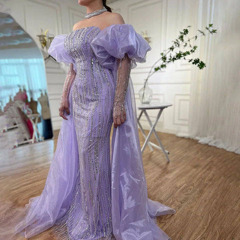 Luxury Dubai Arabic Blue Mermaid Balloon Sleeves Beaded Evening Dresses LA71823