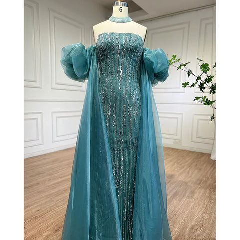 Luxury Dubai Arabic Blue Mermaid Balloon Sleeves Beaded Evening Dresses LA71823