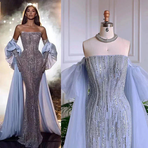 Luxury Dubai Arabic Blue Mermaid Balloon Sleeves Beaded Evening Dresses LA71823