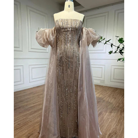 Luxury Dubai Arabic Blue Mermaid Balloon Sleeves Beaded Evening Dresses LA71823