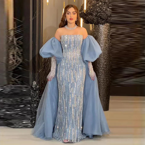 Luxury Dubai Arabic Blue Mermaid Balloon Sleeves Beaded Evening Dresses LA71823