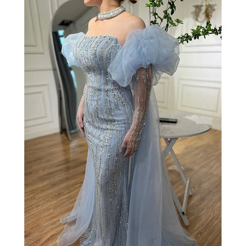 Luxury Dubai Arabic Blue Mermaid Balloon Sleeves Beaded Evening Dresses LA71823