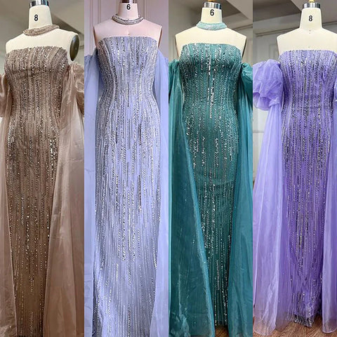 Luxury Dubai Arabic Blue Mermaid Balloon Sleeves Beaded Evening Dresses LA71823