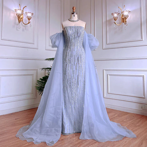 Luxury Dubai Arabic Blue Mermaid Balloon Sleeves Beaded Evening Dresses LA71823