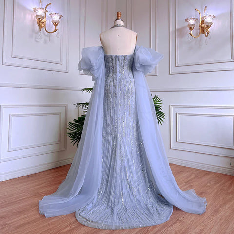 Luxury Dubai Arabic Blue Mermaid Balloon Sleeves Beaded Evening Dresses LA71823