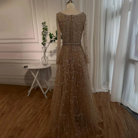 Dubai Arabic Designer Luxury Nude A Line Beaded Evening Dresses Gowns For Women Wedding Party 2025 LA72088