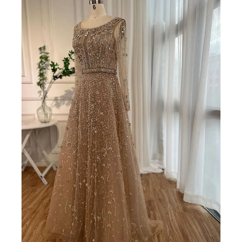 Dubai Arabic Designer Luxury Nude A Line Beaded Evening Dresses Gowns For Women Wedding Party 2025 LA72088