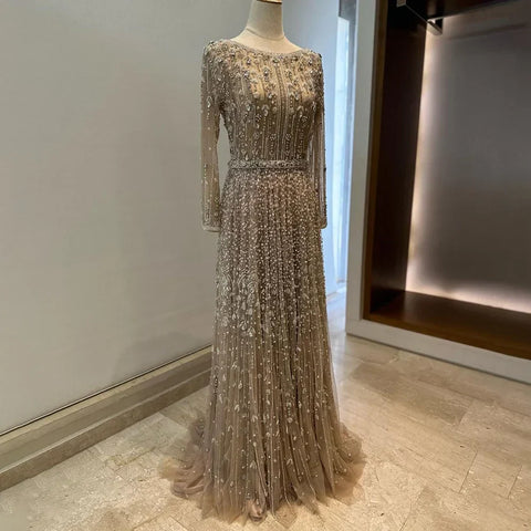 Dubai Arabic Designer Luxury Nude A Line Beaded Evening Dresses Gowns For Women Wedding Party 2025 LA72088