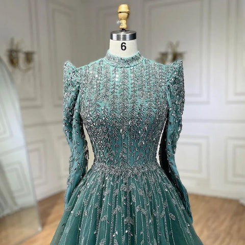 Dubai Arabic Designer Luxury Sage Green A Line Beaded Evening Dresses Gowns For Women Wedding Party 2025 LA72342