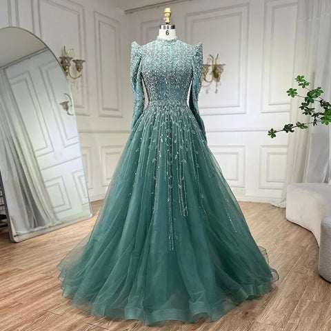Dubai Arabic Designer Luxury Sage Green A Line Beaded Evening Dresses Gowns For Women Wedding Party 2025 LA72342