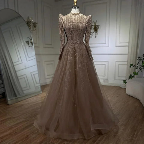 Dubai Arabic Designer Luxury Sage Green A Line Beaded Evening Dresses Gowns For Women Wedding Party 2025 LA72342
