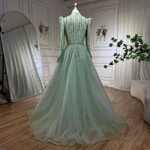 Dubai Arabic Designer Luxury Sage Green A Line Beaded Evening Dresses Gowns For Women Wedding Party 2025 LA72342