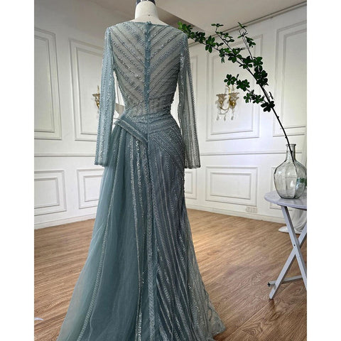 Dubai Arabic Designer Luxury Turquoise Mermaid Beaded Evening Dresses Gowns For Women Wedding Party 2025 LA72124