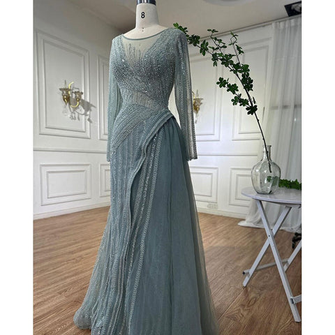 Dubai Arabic Designer Luxury Turquoise Mermaid Beaded Evening Dresses Gowns For Women Wedding Party 2025 LA72124