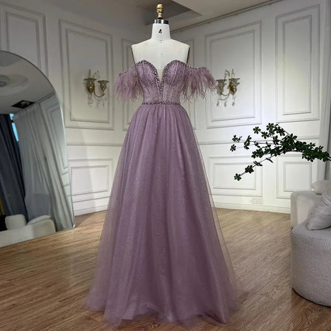 Dubai Arabic Elegant Lilac Feathers Beaded A-Line Evening Gown 2025 Luxury Dress for Women Long Party Dress LA72326