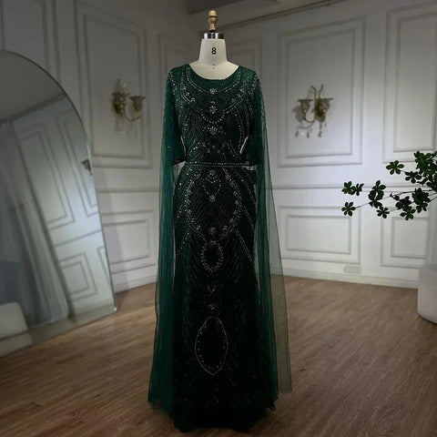Dubai Arabic Green Mermaid Evening Dress with Elegant Luxury Beaded Cape Sleeves for Women's Party 2025 LA72562