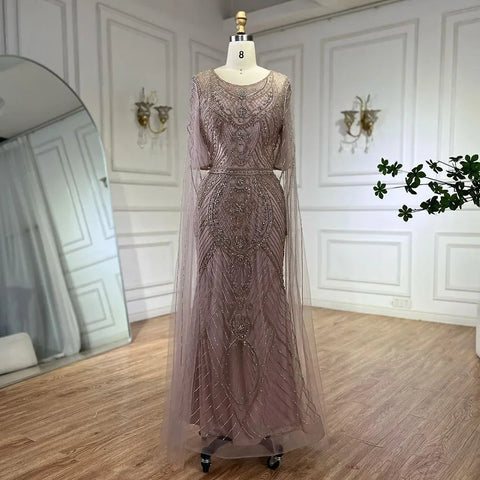 Dubai Arabic Green Mermaid Evening Dress with Elegant Luxury Beaded Cape Sleeves for Women's Party 2025 LA72562