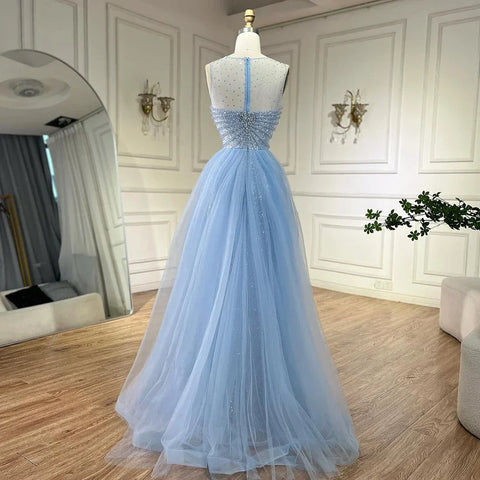 Dubai Arabic Mermaid Blue Elegant With Overskirt Beaded Evening Dresses Gowns for Women's Wedding Party 2025 LA72588