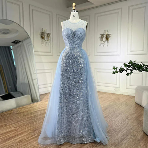 Dubai Arabic Mermaid Blue Elegant With Overskirt Beaded Evening Dresses Gowns for Women's Wedding Party 2025 LA72588