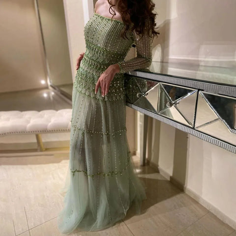 Dubai Arabic Sage Green Mermaid Luxury Evening Gown Strapless Beaded Party Dress for Women's Wedding 2025 LA72350