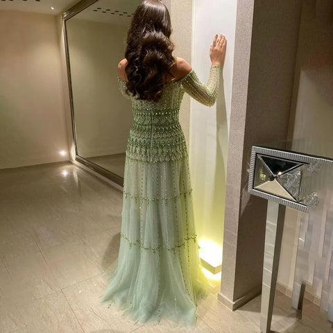 Dubai Arabic Sage Green Mermaid Luxury Evening Gown Strapless Beaded Party Dress for Women's Wedding 2025 LA72350