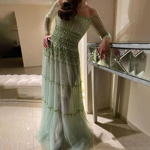 Dubai Arabic Sage Green Mermaid Luxury Evening Gown Strapless Beaded Party Dress for Women's Wedding 2025 LA72350